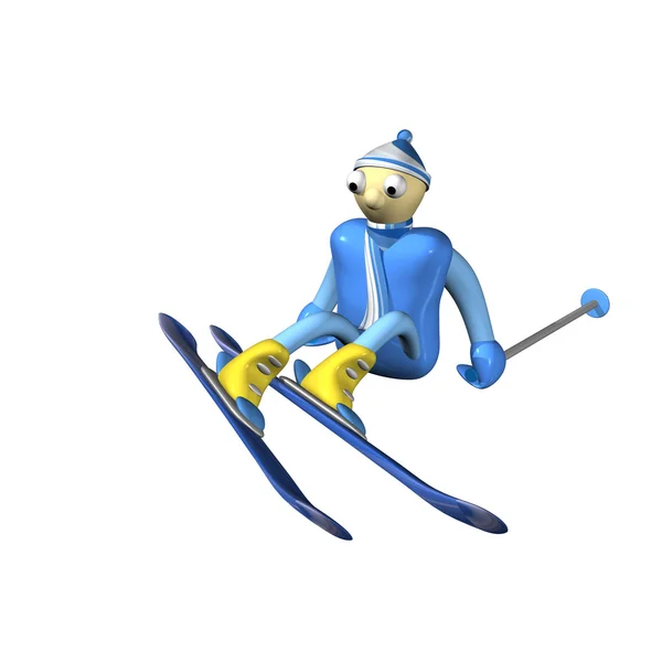 El esquiador de montaña se sienta en la nieve con el esquí de montaña y palos, 3d — Foto de Stock