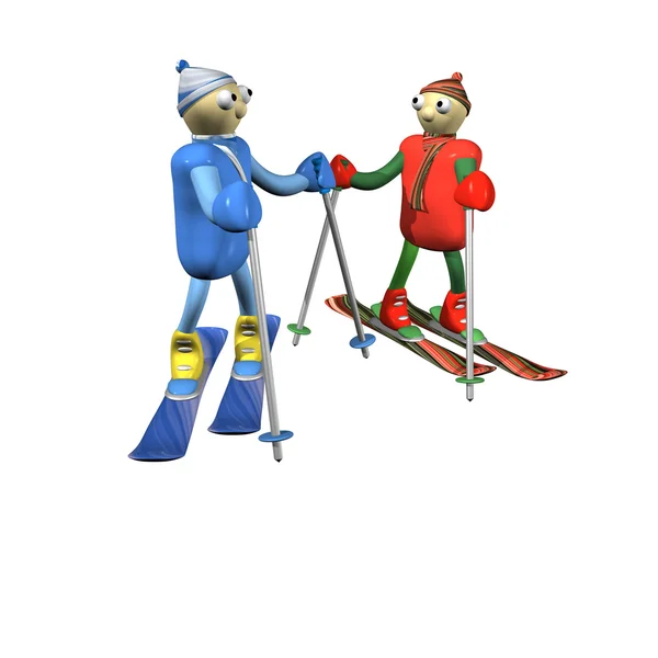 Skifahrer stehen auf Skiern und reden, sind isoliert, 3d. — Stockfoto