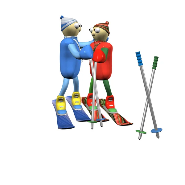 stock image The loving couple of mountain skiers costs and embraces, 3d.