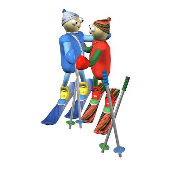 La pareja amorosa de esquiadores de montaña cuesta y abraza, 3d . — Foto de Stock