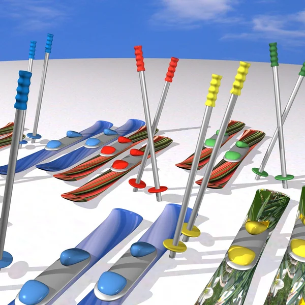 Many mountain skis with fastenings and mountain-skiing sticks — Stock Photo, Image