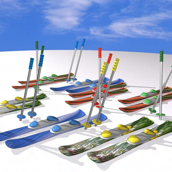 De nombreux skis de montagne avec attaches et bâtons de ski de montagne — Photo