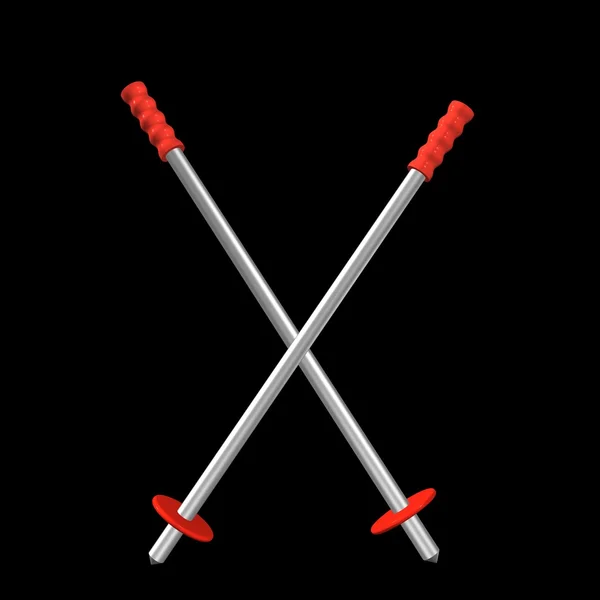 Paus de esqui de montanha de metal vermelho na forma de uma adaga, 3d . — Fotografia de Stock