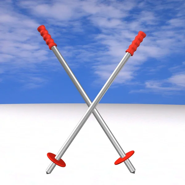 Red metal mountain-skiing sticks in the form of a dagger, 3d. — Stock Photo, Image