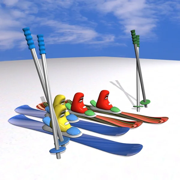 Skilaufen mit Verschlüssen, Schuhen, Stöcken Stockbild