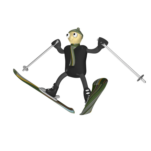 Горнолыжник прыгает на горных лыжах, 3d — стоковое фото