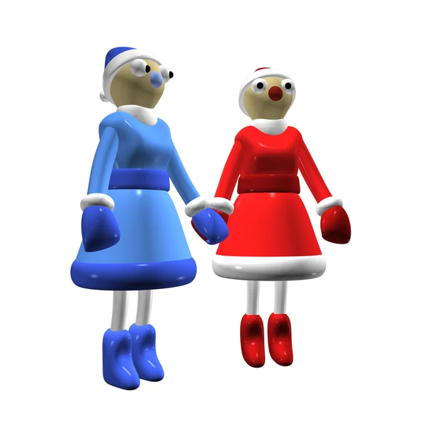 Dwie dziewczyny santa claus lub śniegu dziewice, 3d. — Zdjęcie stockowe