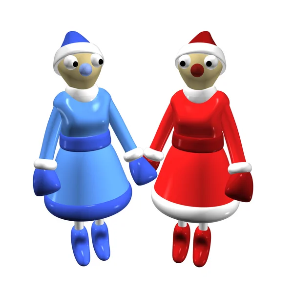 Twee meisjes santa claus of de sneeuw maagden, 3d. — Stockfoto