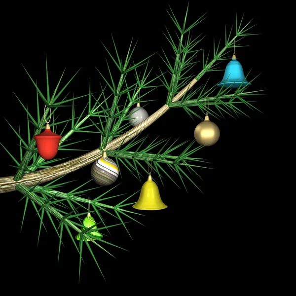 Multicolored fur-tree toys on a fur-tree branch, it is isolated, 3d. — Stock Photo, Image