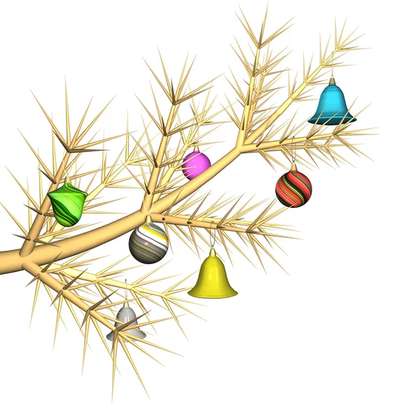 Multicolored fur-tree toys on a fur-tree branch, it is isolated, 3d. — Stock Photo, Image