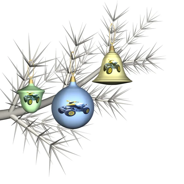 Fur-tree toys with the car on a fur-tree branch, it is isolated, 3d. — Stock Photo, Image