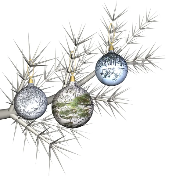 Los juguetes del árbol de piel con el paisaje invernal sobre la rama del árbol de piel —  Fotos de Stock