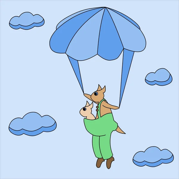 stock image The kangaroo with the kid in a bag flies on a parachute among clouds