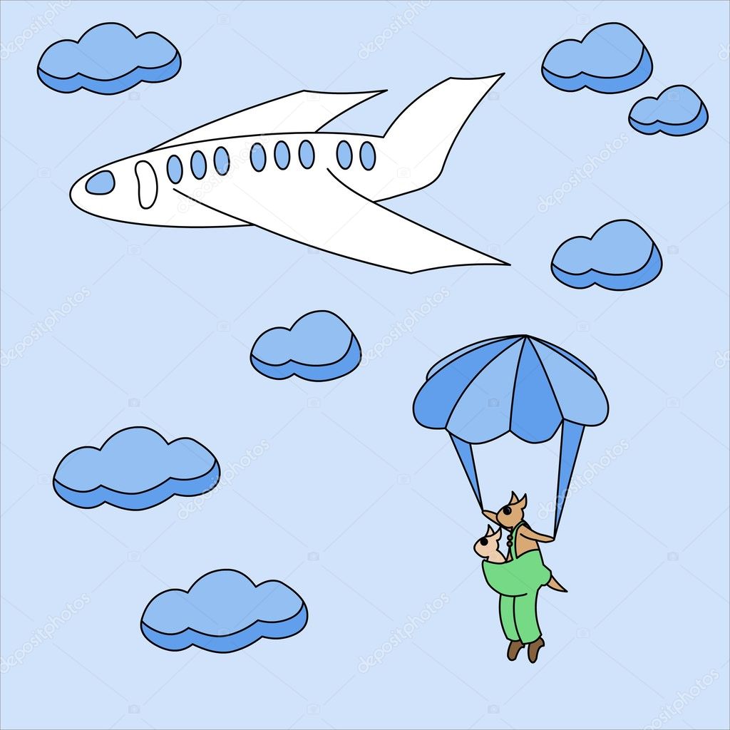 Kangaroo with the kid in a bag has jumped off from the plane on a