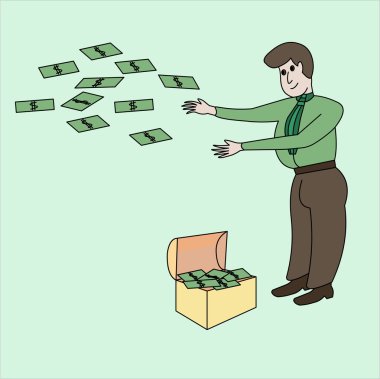 The thick rich man scatters dollars from a chest with money. clipart