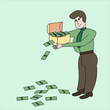 The thick rich man has control over a chest with the money clipart