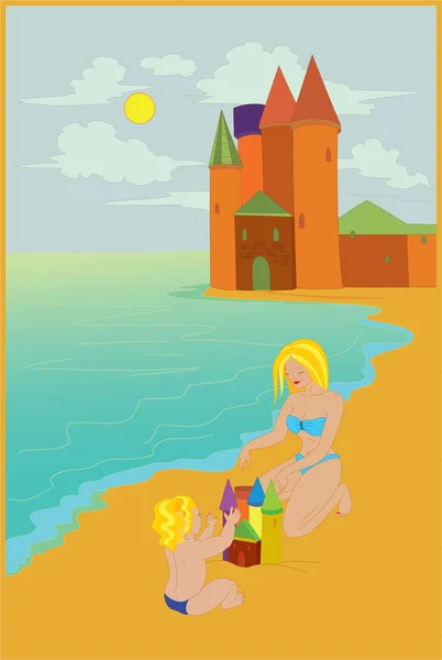 Mother and child building castle — Stock Vector