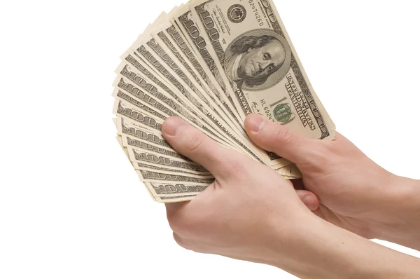 stock image Male hands with money on white background