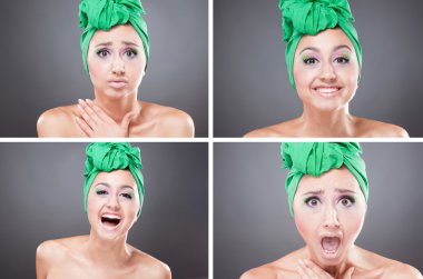 Collage of emotinal young woman with green scarf on head clipart