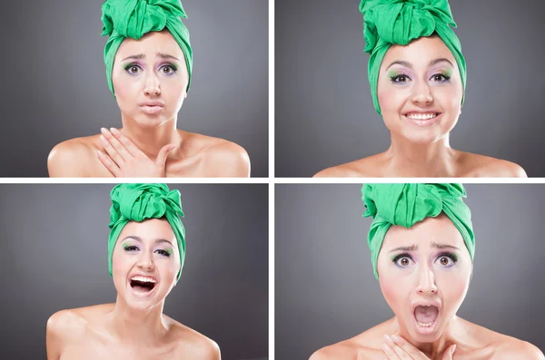 Collage emotinal fiatal nő fején zöld kendő — Stock Fotó