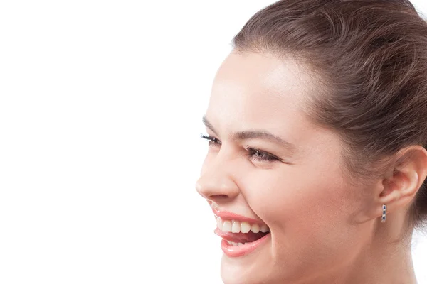 Brunette happy smiling woman showing tongue — Stock Photo, Image