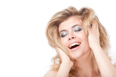 Happy satisfied blonde woman with closed eyes clipart