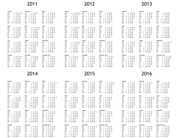 Mehrjahreskalender von 2011 bis 2016 — Stockfoto
