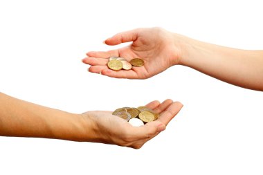 Female hand pours down coins into hand of another person clipart