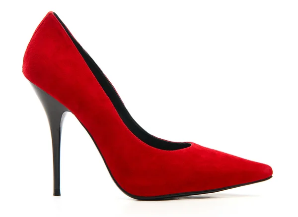 Zapato femenino rojo sobre tacón alto sobre fondo blanco —  Fotos de Stock