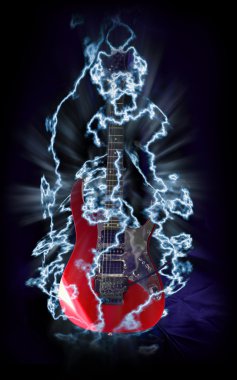 Red electric guitar in lightnings clipart