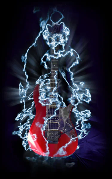 stock image Red electric guitar in lightnings