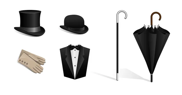 Set di cappelli, bastone da passeggio, ombrello, guanti, smoking — Vettoriale Stock