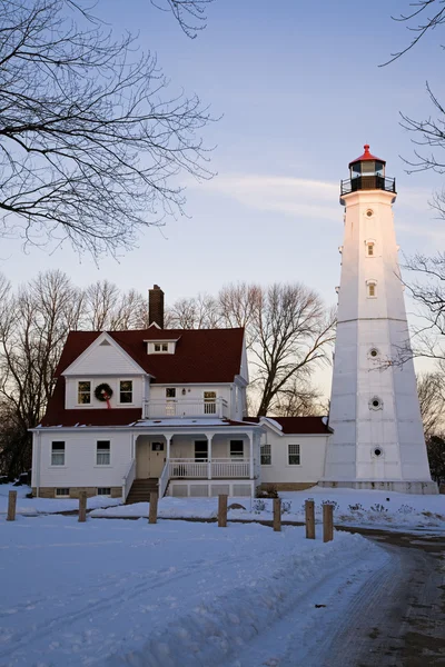 Poslední paprsky slunce na north point lighthouse — Stock fotografie