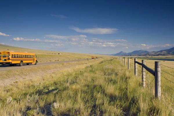 Ônibus escolar desfocado na estrada — Fotografia de Stock
