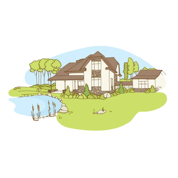 Casa de campo con un estanque y un césped. Ilustración vectorial — Vector de stock