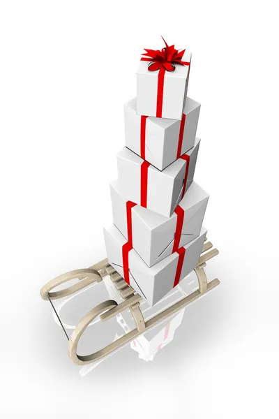 Pyramid lådor av gåvor på släde — Stockfoto