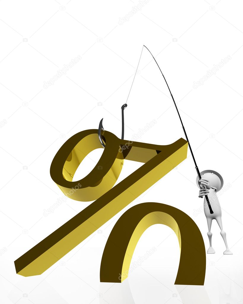 Fishing hook with a golden symbol per cent.