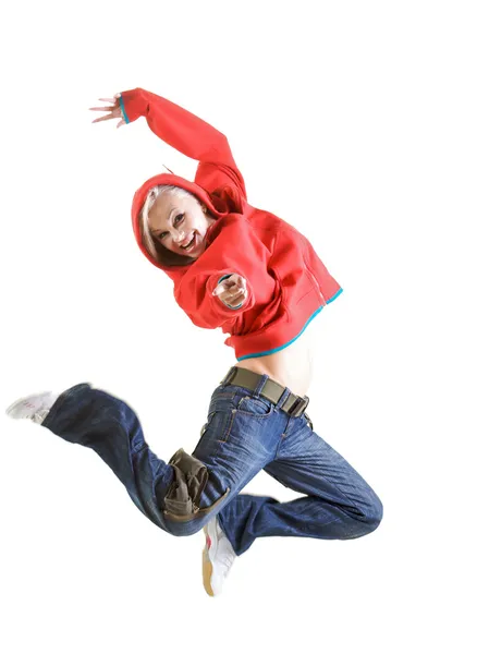 Jumping up in red — Stock Photo, Image
