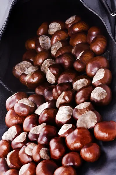 Chestnut poured out from the bag, background — Stock Photo, Image