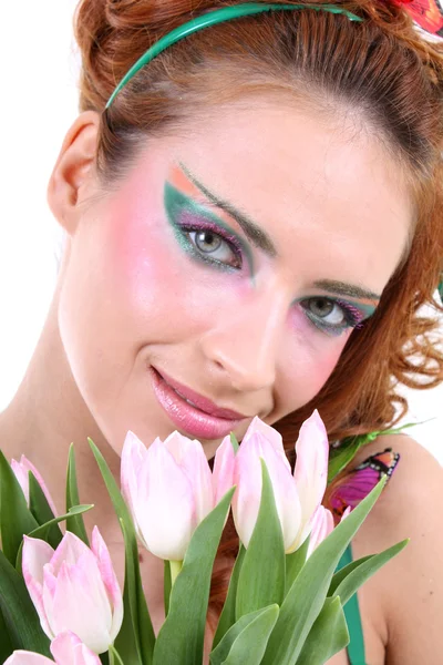 Zrzavý žena s květinami — Stock fotografie
