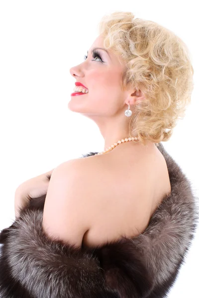 stock image Blondie woman with fur collar dreaming. Marilyn Monroe imitation