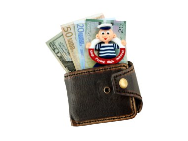 Purse with funny sailor and banknotes clipart