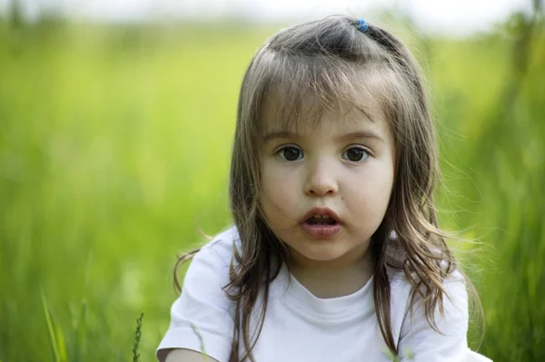 Nice small girl sits on green grass — Stock Photo, Image