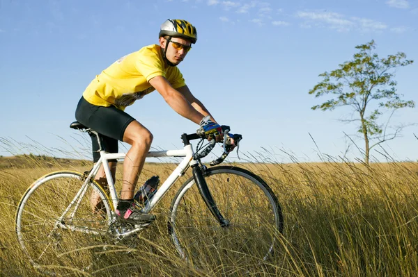 Junge Radfahrerin in gelber Form über die Natur lizenzfreie Stockfotos