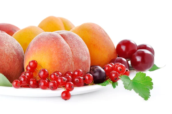 Frutas y bayas sobre un fondo blanco en el plato — Foto de Stock