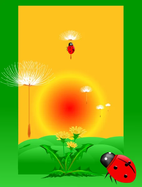 Dandelion and ladybug on a green meadow Vector — Stock Vector
