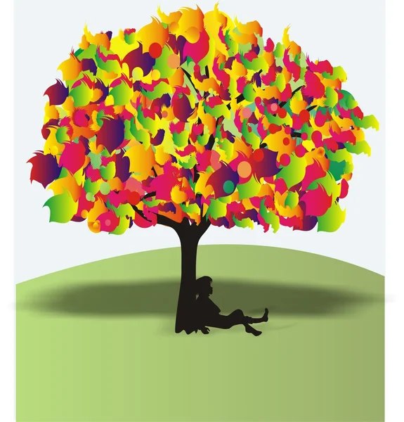El niño bajo un árbol de colores maravilloso — Vector de stock
