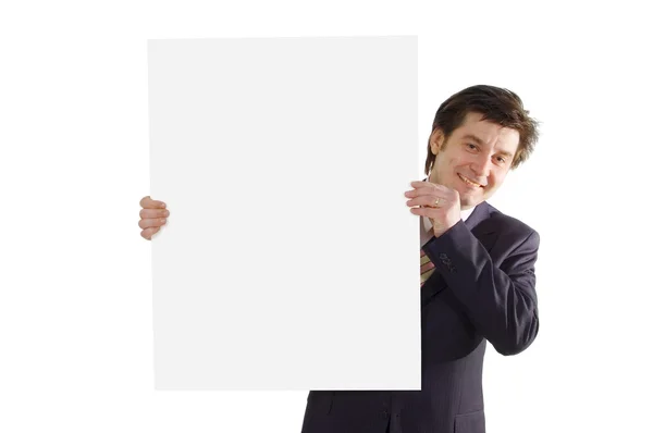Homem de negócios feliz segurando papelão em branco — Fotografia de Stock