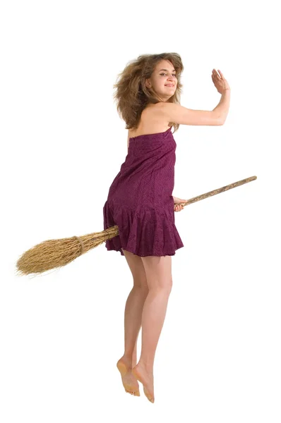 Witch fly with broom — Stock Photo, Image