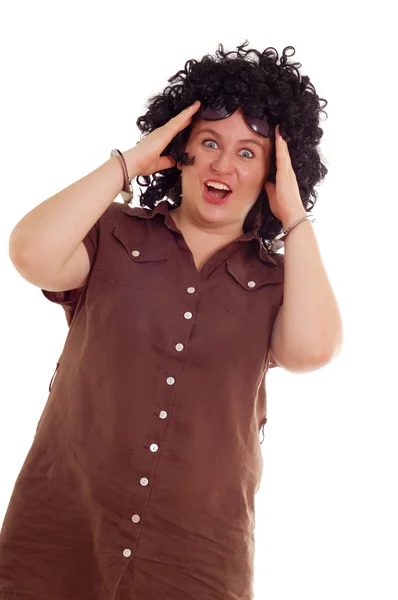 Grappige verrast vrouw met handboeien — Stockfoto
